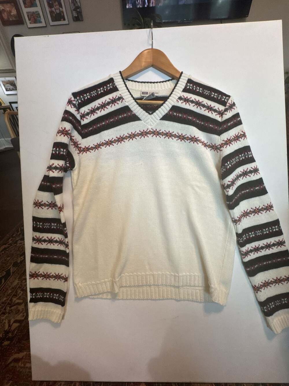 Faded Glory Authentic V-Neck Fair Isle Knit Sweater Cream Winter Ski